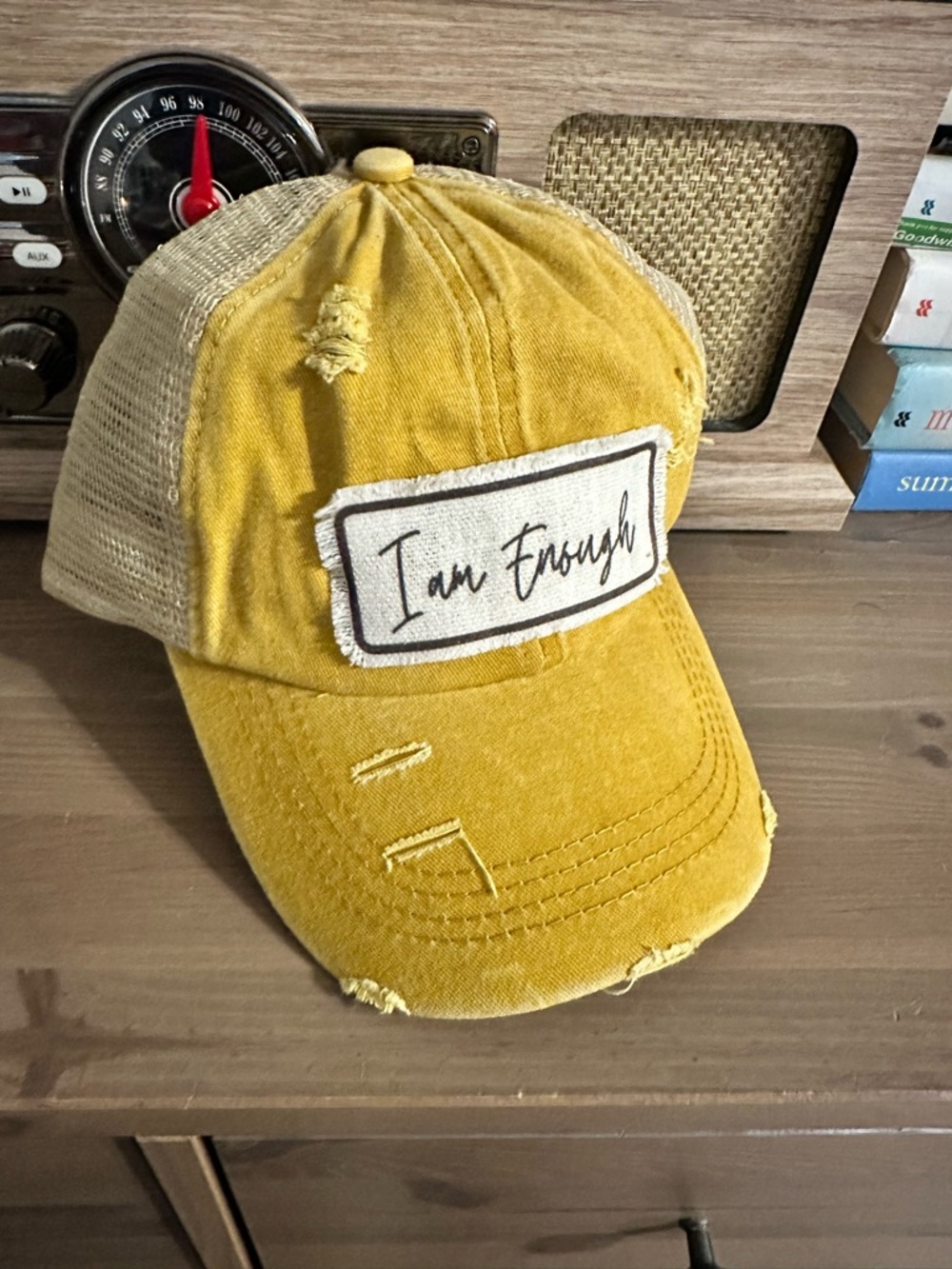 "I Am Enough" Distressed Mustard Mesh Baseball Cap